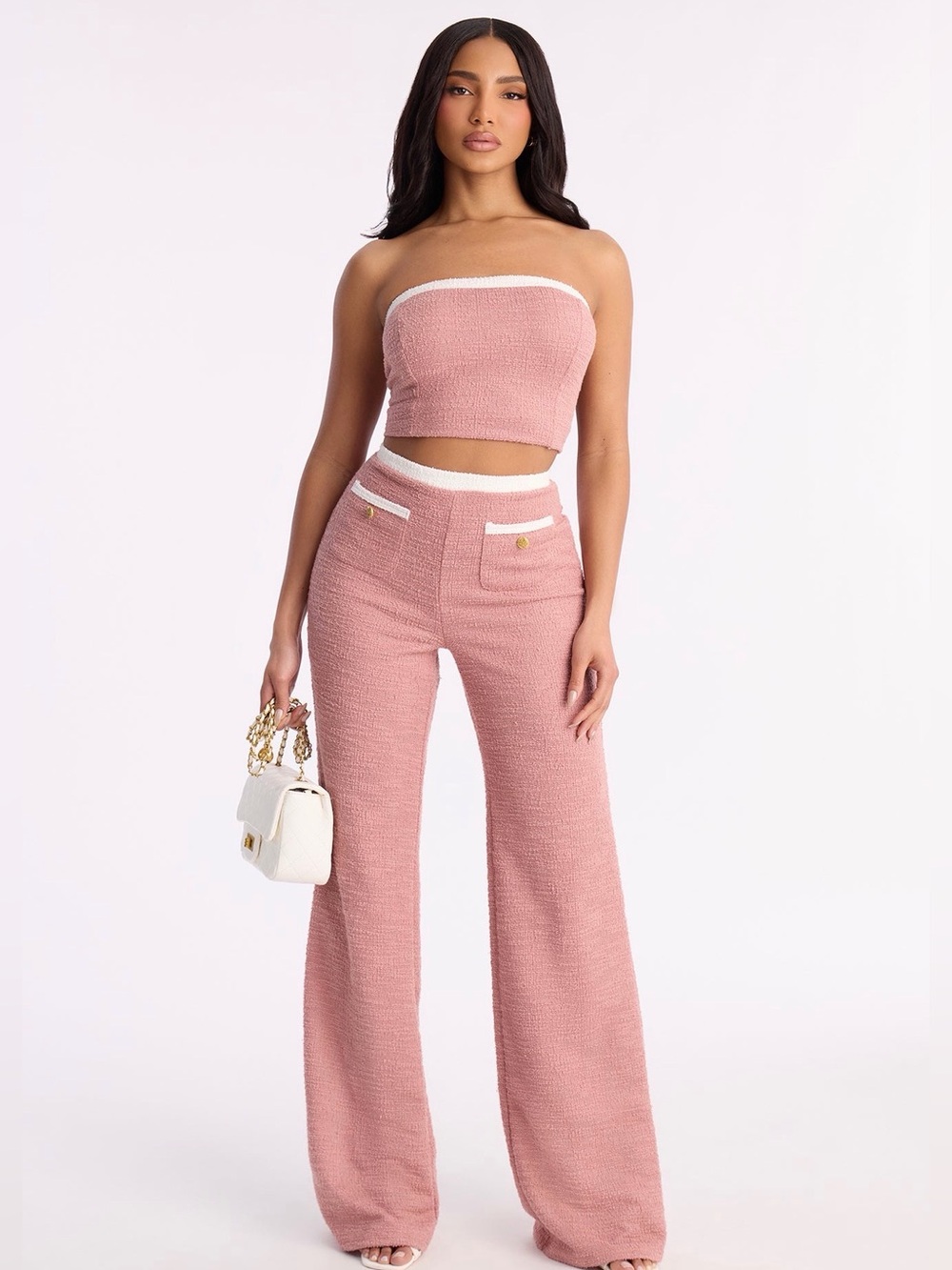 High-Waist Wide-Leg Pants & Strapless Crop Top Set in Mauve